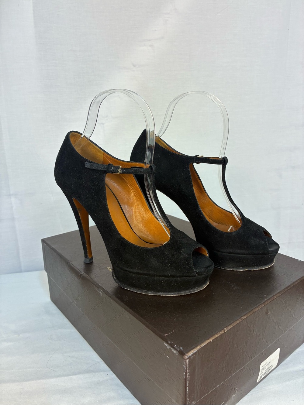 Gucci Betty Black Suede T-Strap Stiletto Peep Toe Heels 36.5